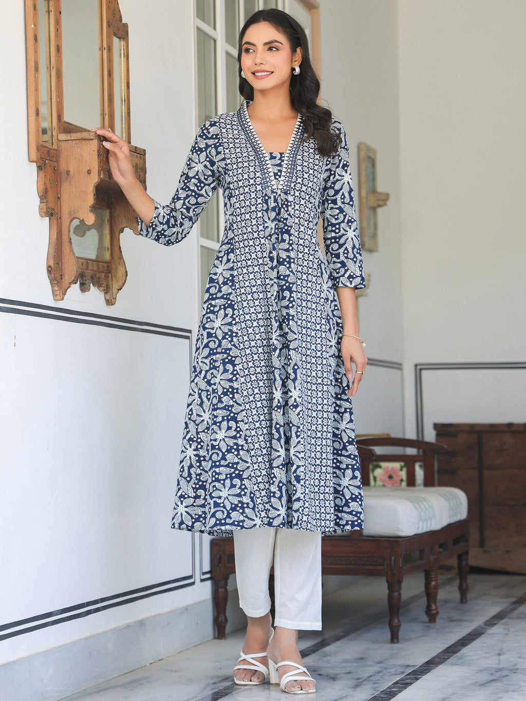Janasya Dark Cotton Yoke Embroidery A-Line Kurta - Distacart
