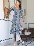 Janasya Dark Cotton Yoke Embroidery A-Line Kurta - Distacart