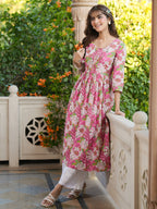 Janasya Bright Cotton Floral A-Line Kurta - Distacart