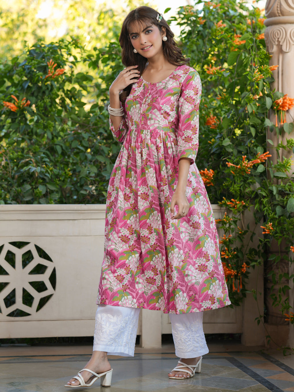 Janasya Bright Cotton Floral A-Line Kurta - Distacart