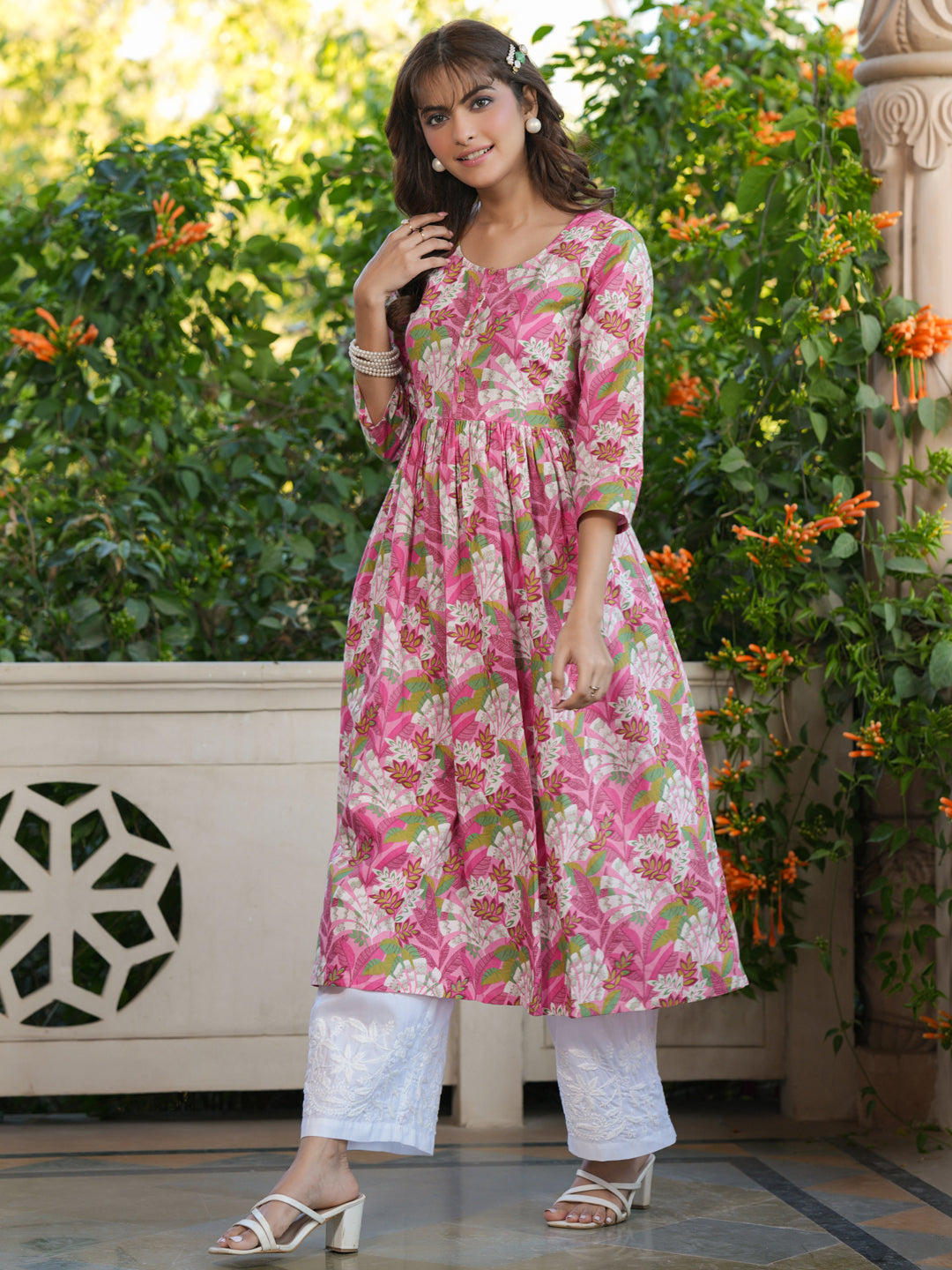Janasya Bright Cotton Floral A-Line Kurta - Distacart