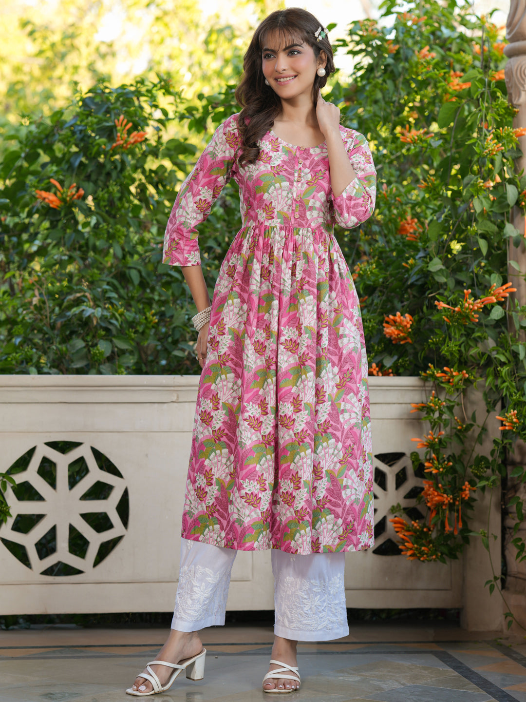 Janasya Bright Cotton Floral A-Line Kurta - Distacart