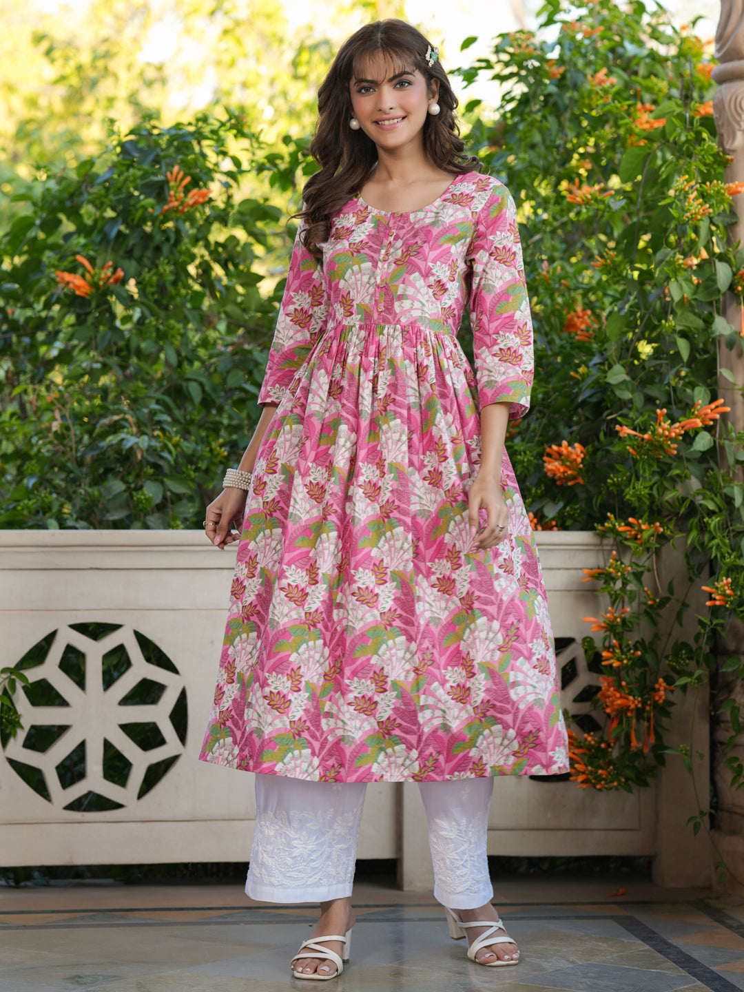 Janasya Bright Cotton Floral A-Line Kurta - Distacart