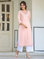 Janasya Light Cotton Yoke Embroidery Straight Kurta