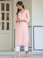 Janasya Light Cotton Yoke Embroidery Straight Kurta