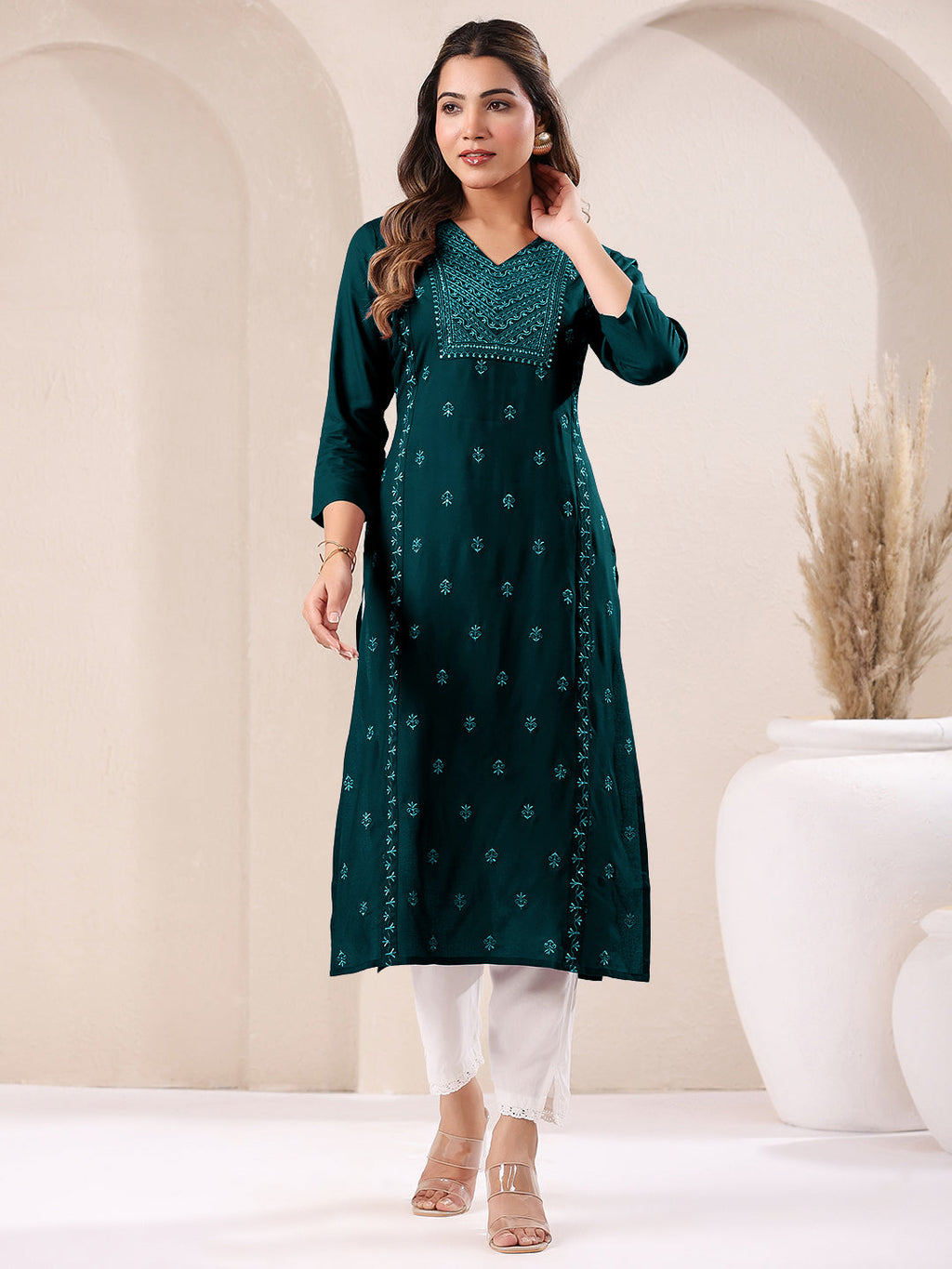 Janasya Dark Rayon Embroidered Straight Kurta - Distacart