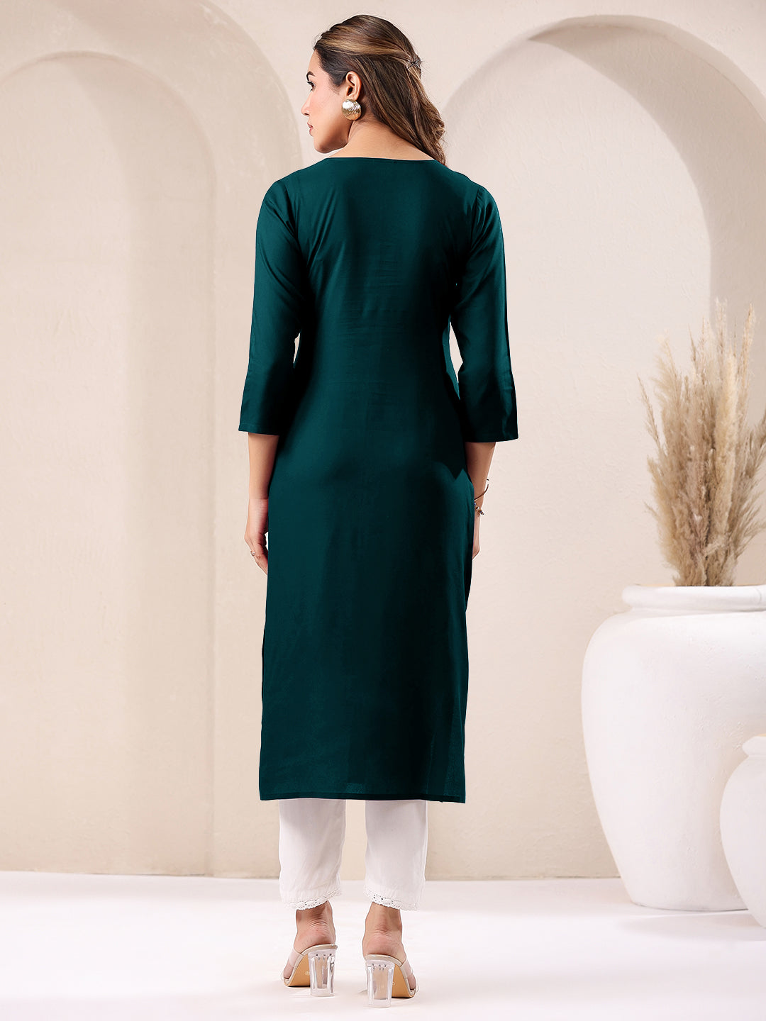 Janasya Dark Rayon Embroidered Straight Kurta - Distacart