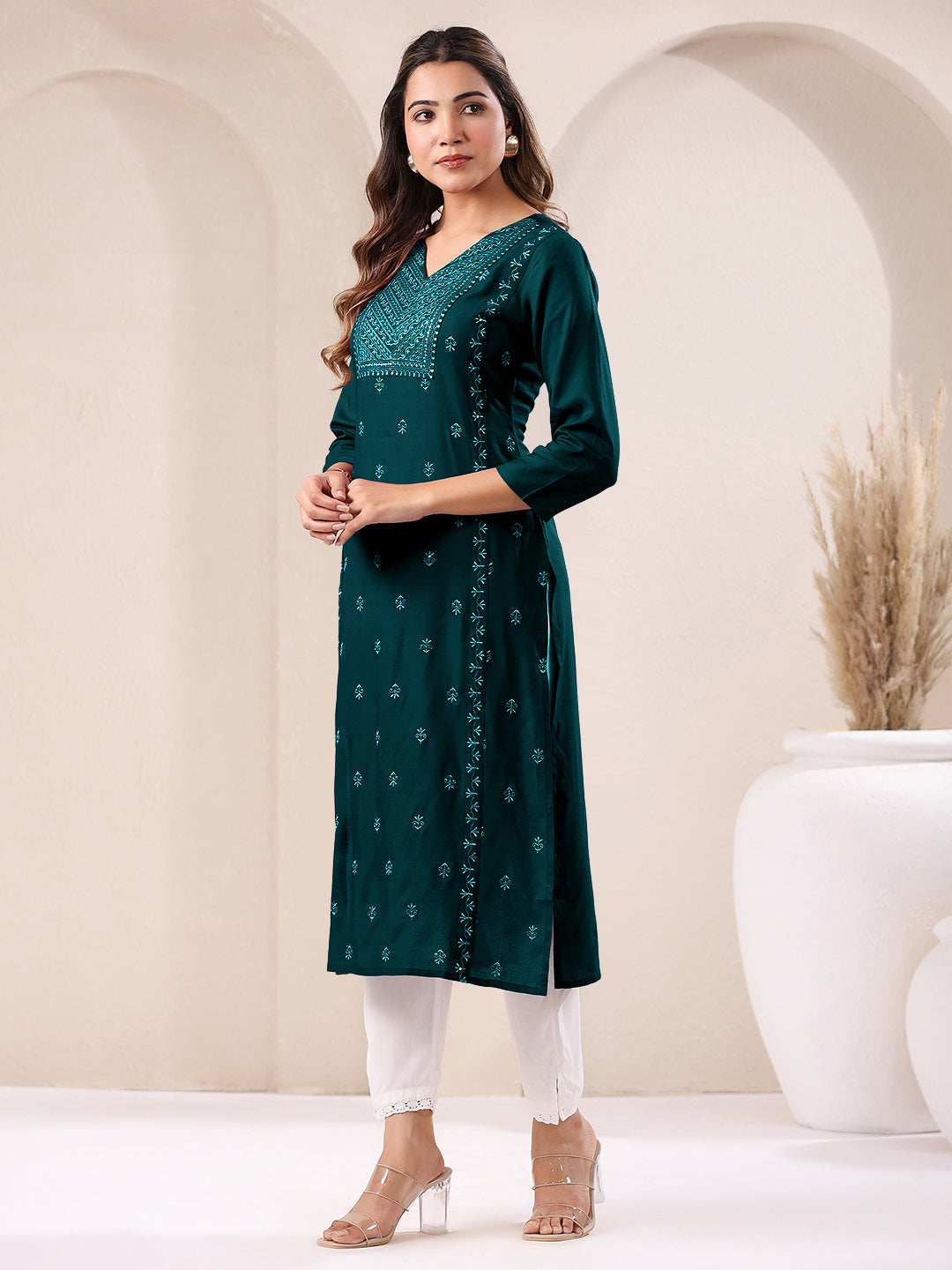 Janasya Dark Rayon Embroidered Straight Kurta - Distacart