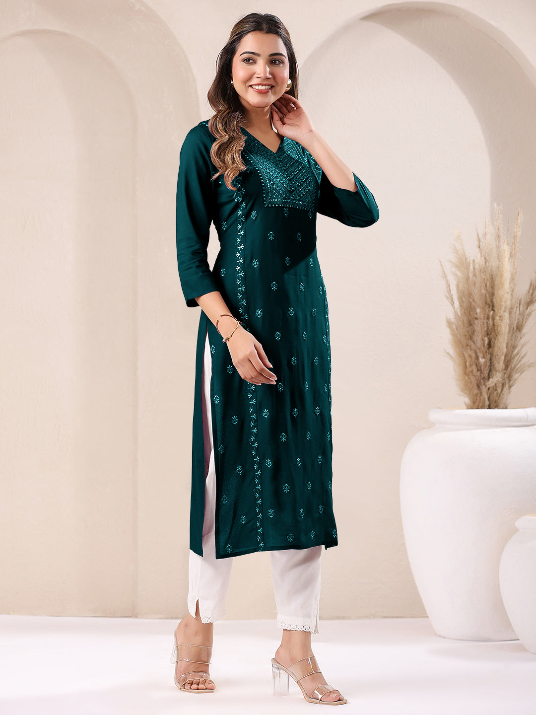 Janasya Dark Rayon Embroidered Straight Kurta - Distacart