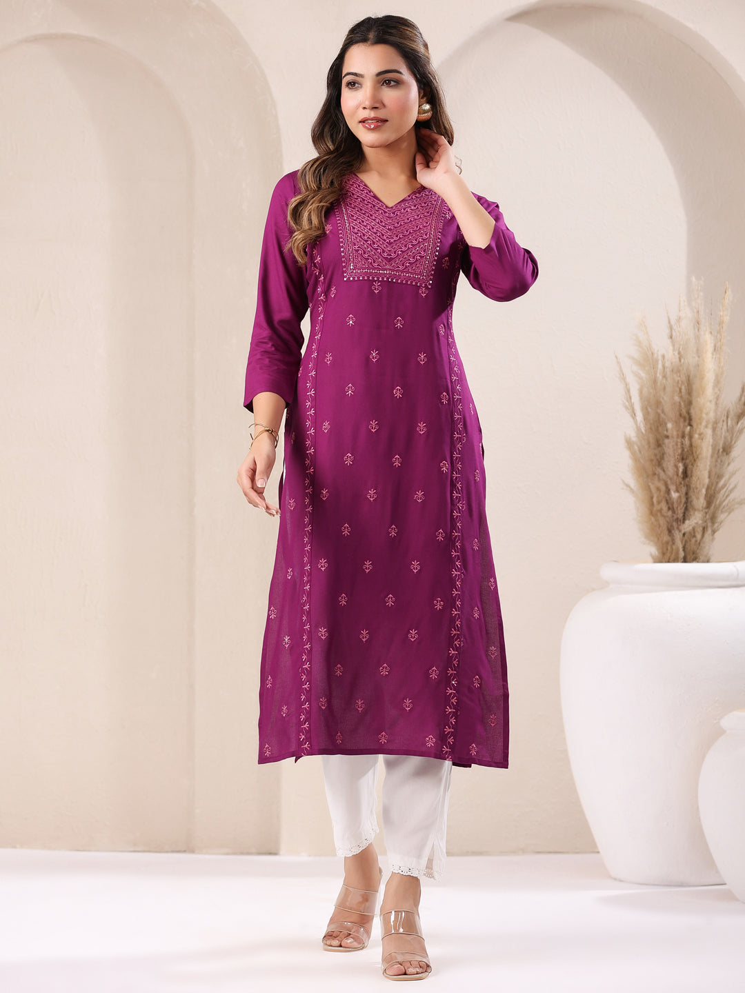 Janasya Dark Rayon Embroidered Straight Kurta - Distacart