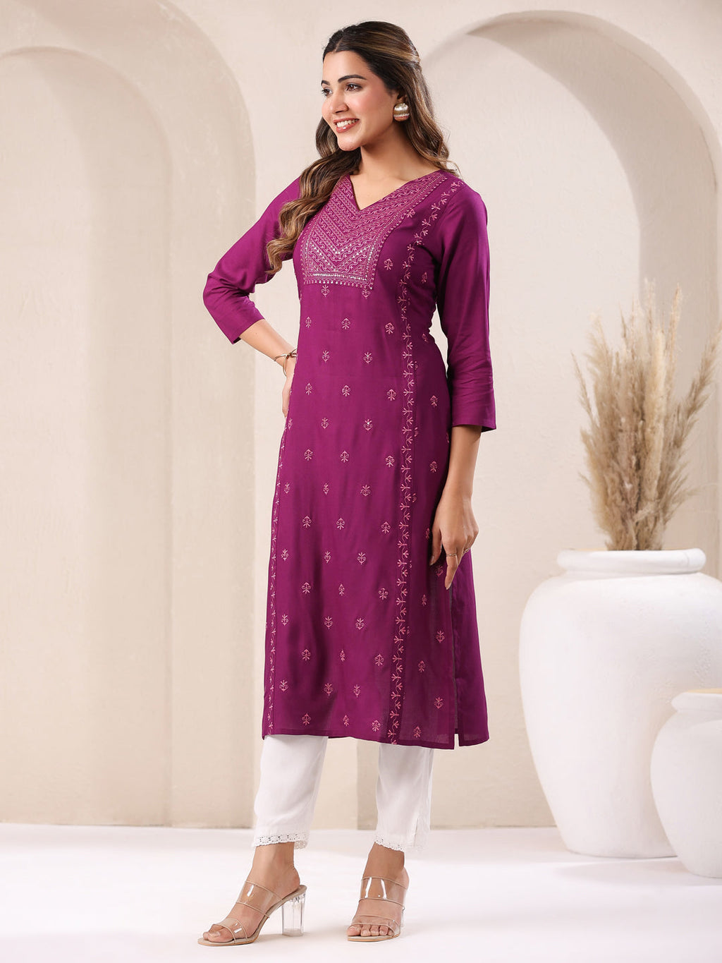 Janasya Dark Rayon Embroidered Straight Kurta - Distacart