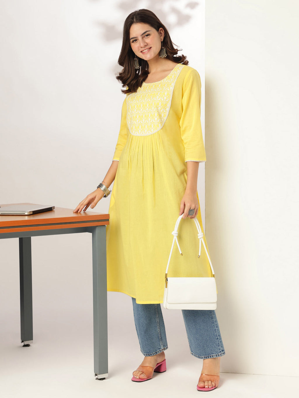Janasya Light Cotton Yoke Embroidery A-Line Kurta - Distacart