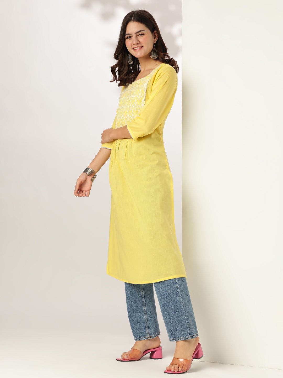 Janasya Light Cotton Yoke Embroidery A-Line Kurta - Distacart