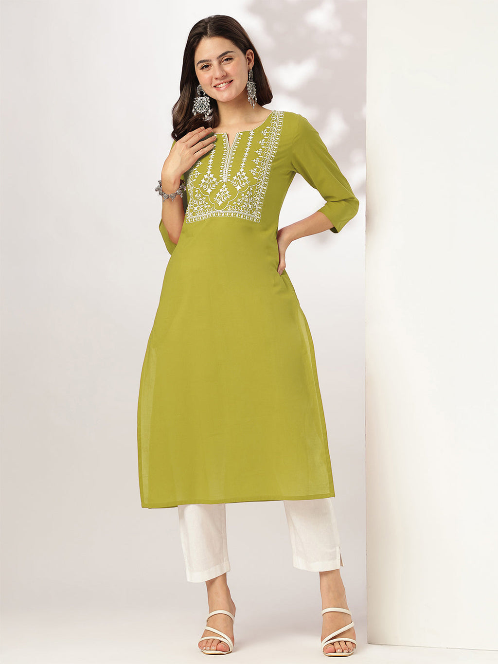 Janasya Dark Cotton Yoke Embroidery Straight Kurta - Distacart