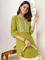 Janasya Dark Cotton Yoke Embroidery Straight Kurta - Distacart