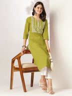 Janasya Dark Cotton Yoke Embroidery Straight Kurta - Distacart