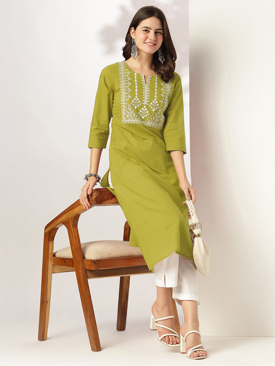 Janasya Dark Cotton Yoke Embroidery Straight Kurta - Distacart