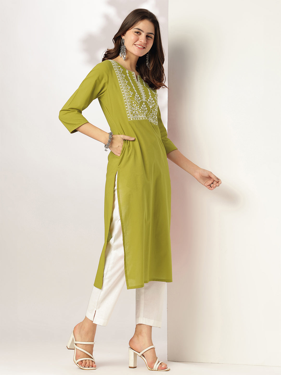 Janasya Dark Cotton Yoke Embroidery Straight Kurta - Distacart