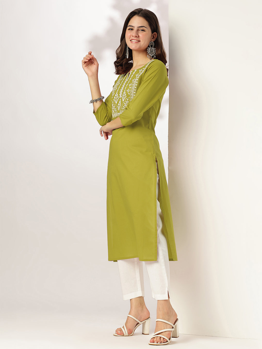 Janasya Dark Cotton Yoke Embroidery Straight Kurta - Distacart
