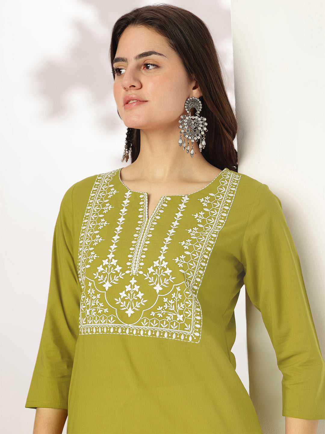 Janasya Dark Cotton Yoke Embroidery Straight Kurta - Distacart