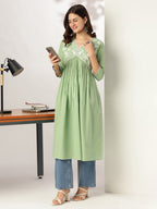 Janasya Light Cotton Yoke Embroidery A-Line Kurta - Distacart