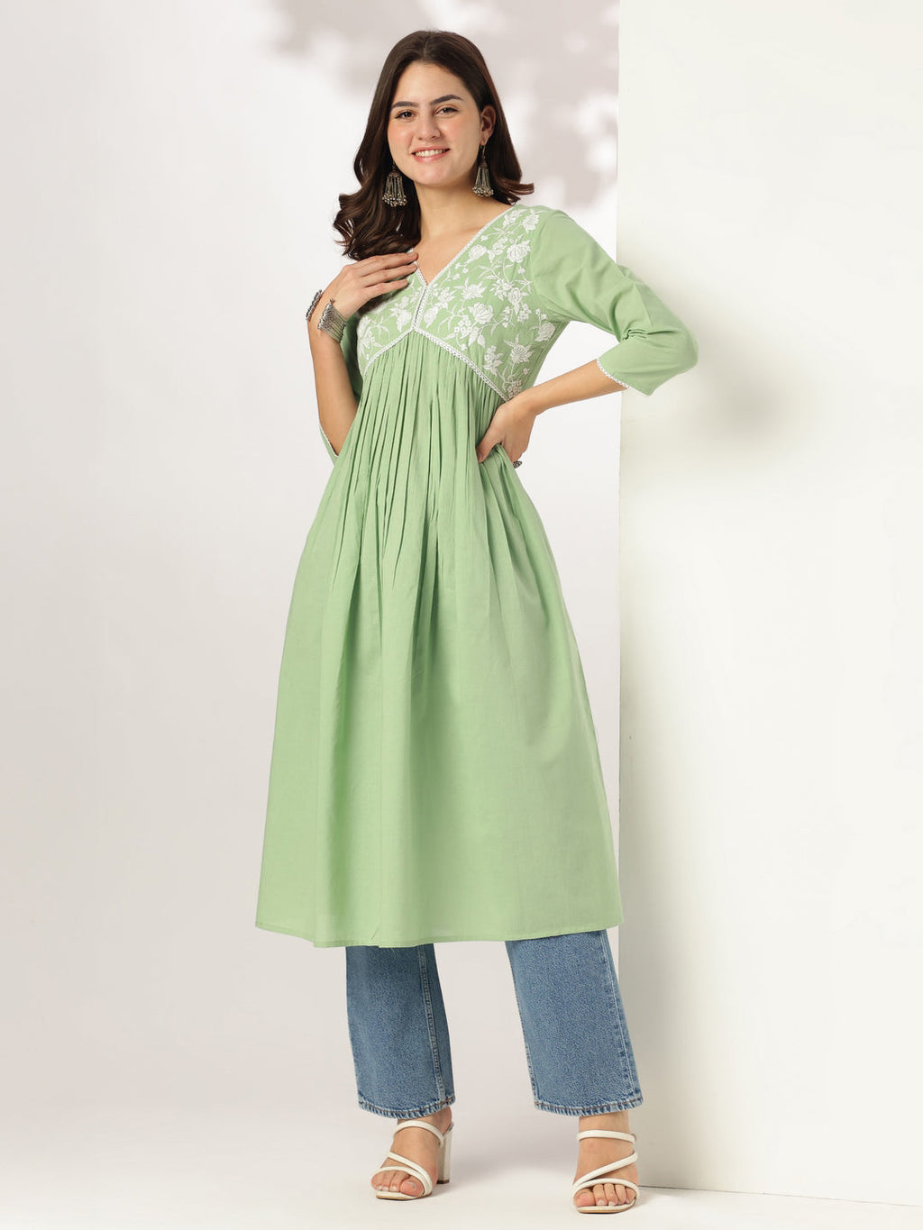Janasya Light Cotton Yoke Embroidery A-Line Kurta - Distacart