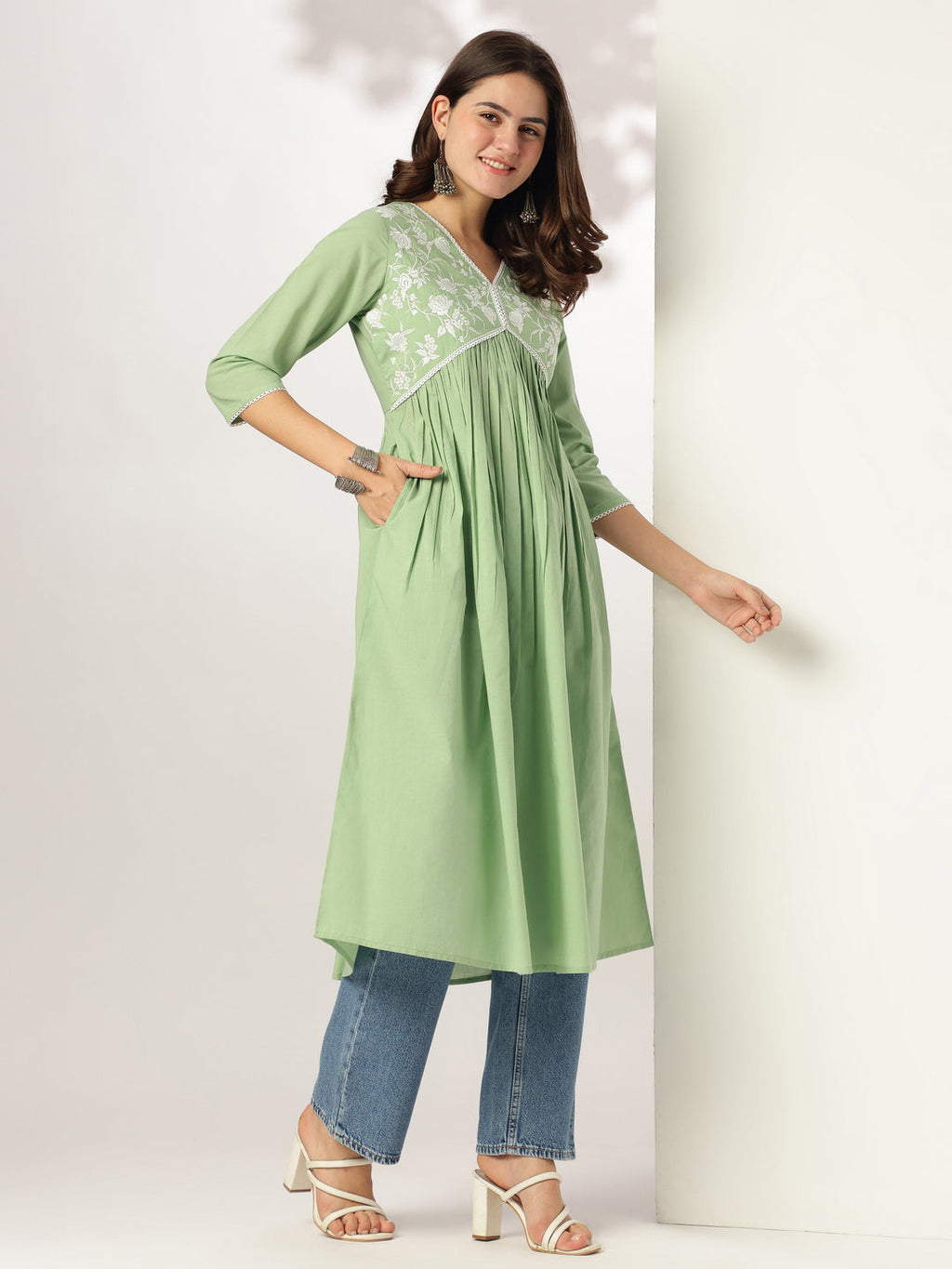 Janasya Light Cotton Yoke Embroidery A-Line Kurta - Distacart