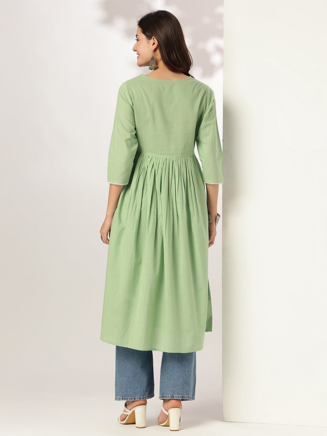 Janasya Light Cotton Yoke Embroidery A-Line Kurta - Distacart