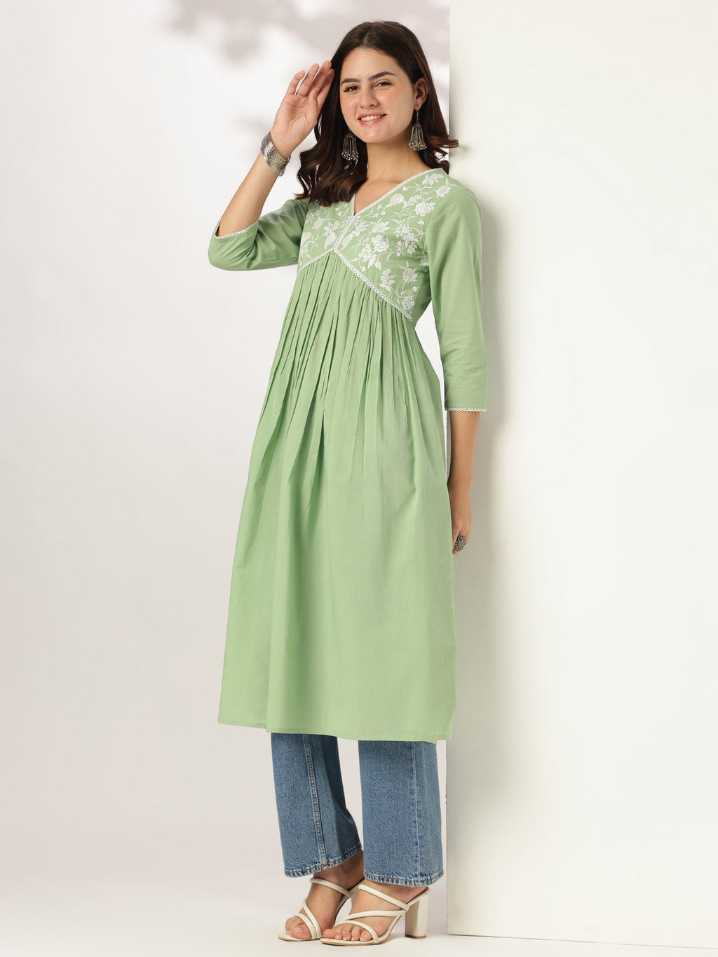 Janasya Light Cotton Yoke Embroidery A-Line Kurta - Distacart