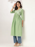 Janasya Light Cotton Yoke Embroidery A-Line Kurta - Distacart