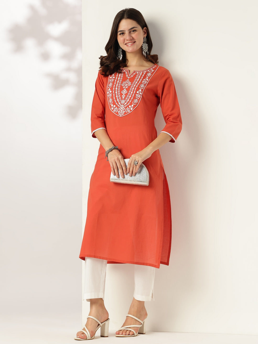 Janasya Dark Cotton Embroidered Straight Kurta - Distacart