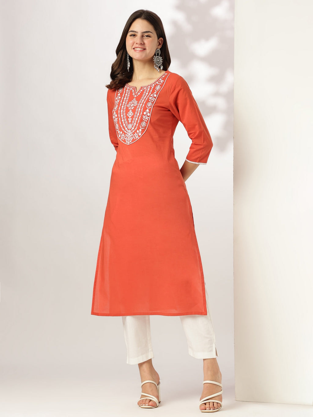 Janasya Dark Cotton Embroidered Straight Kurta - Distacart