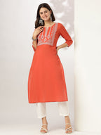 Janasya Dark Cotton Yoke Embroidery Straight Kurta - Distacart