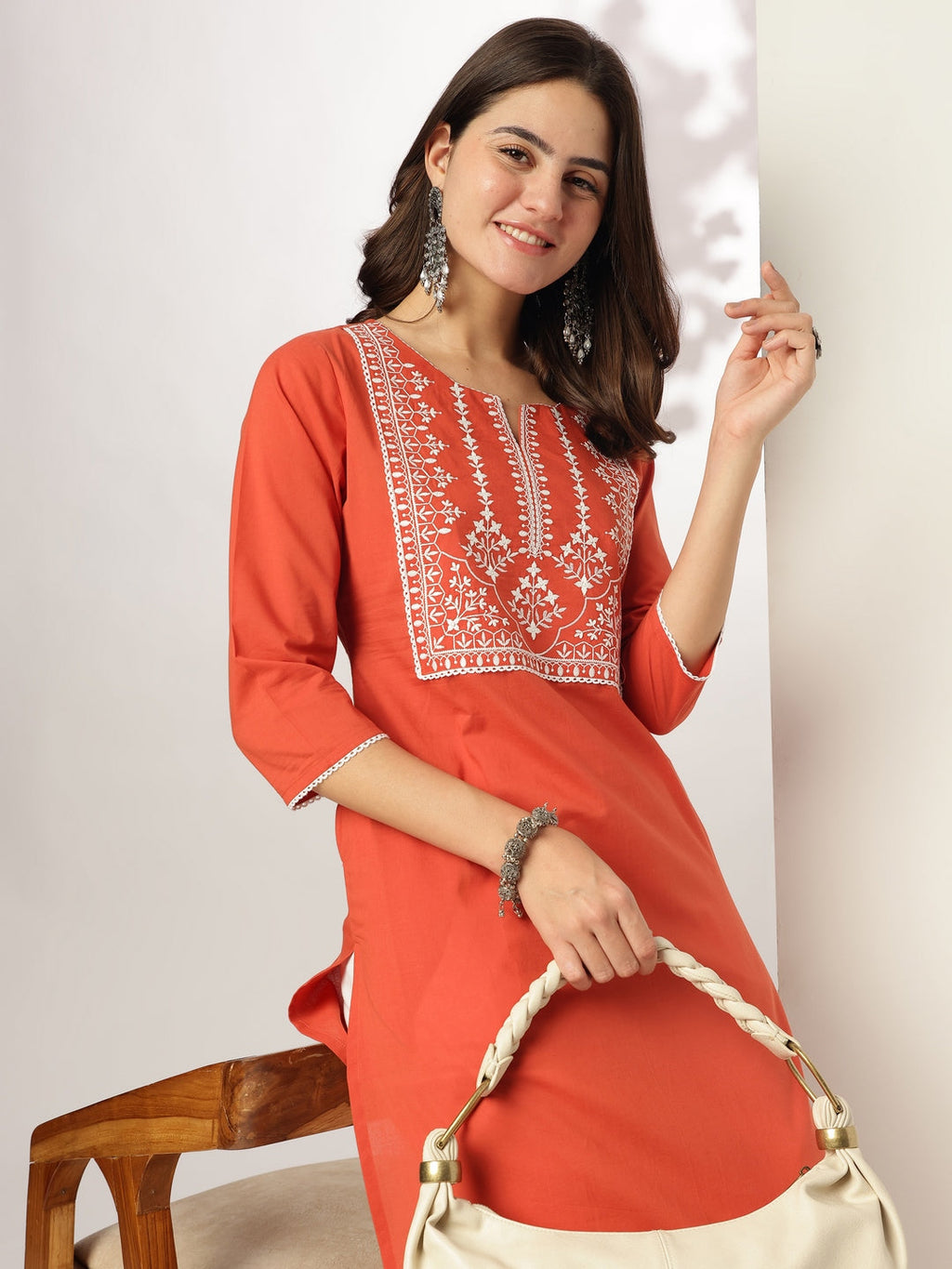Janasya Dark Cotton Yoke Embroidery Straight Kurta - Distacart