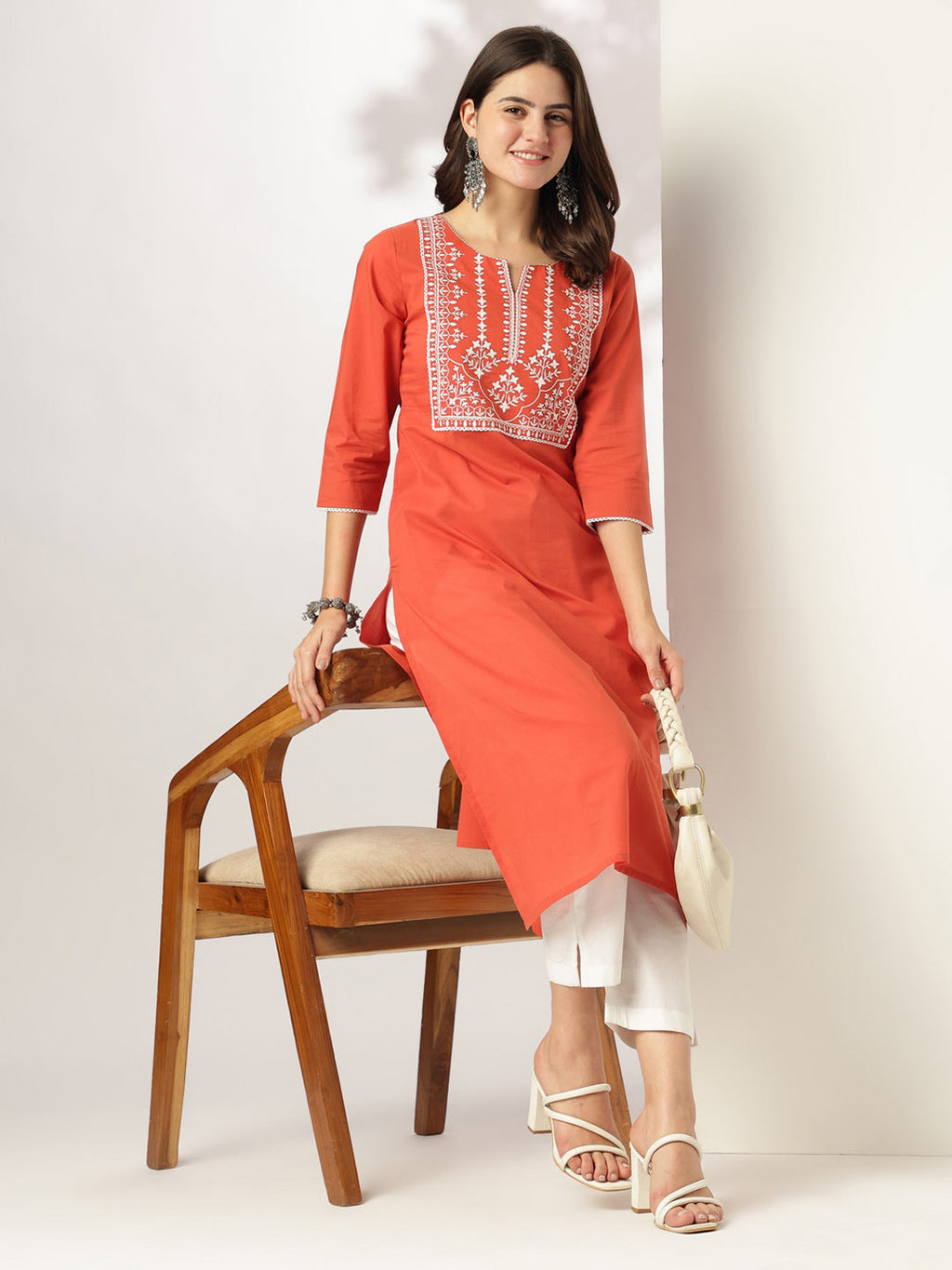 Janasya Dark Cotton Yoke Embroidery Straight Kurta - Distacart