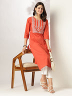 Janasya Dark Cotton Yoke Embroidery Straight Kurta - Distacart