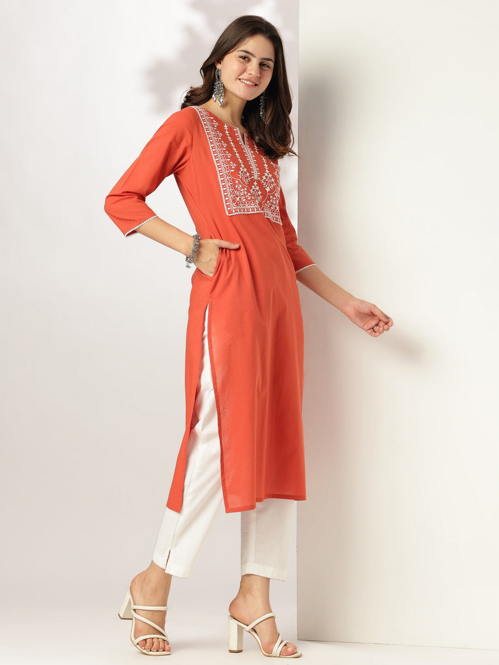Janasya Dark Cotton Yoke Embroidery Straight Kurta - Distacart