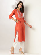Janasya Dark Cotton Yoke Embroidery Straight Kurta - Distacart