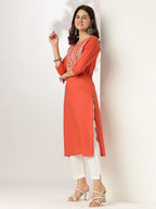Janasya Dark Cotton Yoke Embroidery Straight Kurta - Distacart