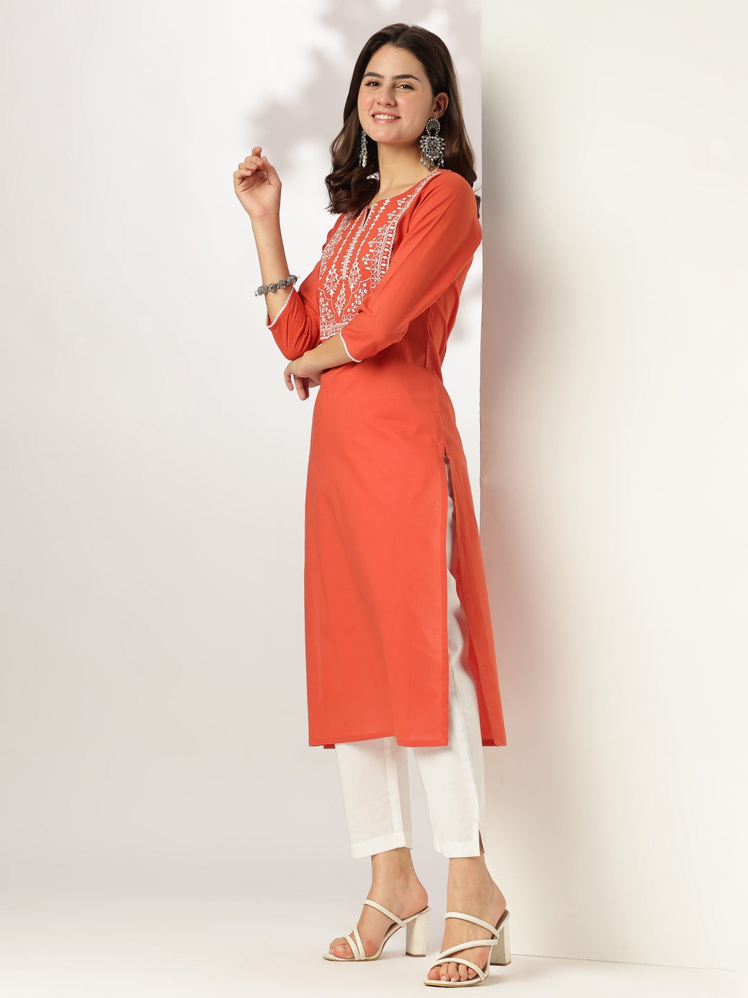 Janasya Dark Cotton Yoke Embroidery Straight Kurta - Distacart