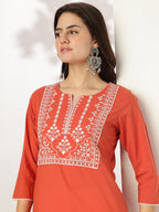 Janasya Dark Cotton Yoke Embroidery Straight Kurta - Distacart