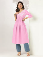 Janasya Light Cotton Yoke Embroidery A-Line Kurta - Distacart