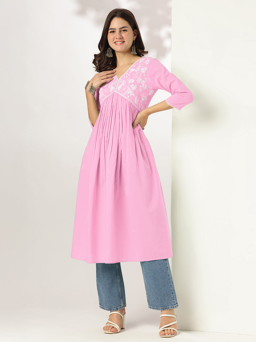 Janasya Light Cotton Yoke Embroidery A-Line Kurta - Distacart