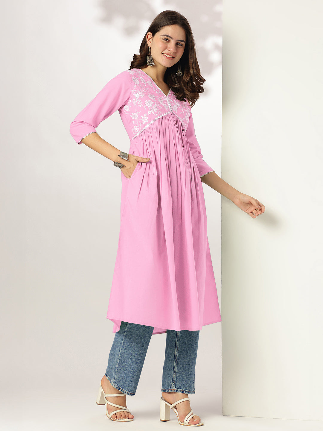 Janasya Light Cotton Yoke Embroidery A-Line Kurta - Distacart