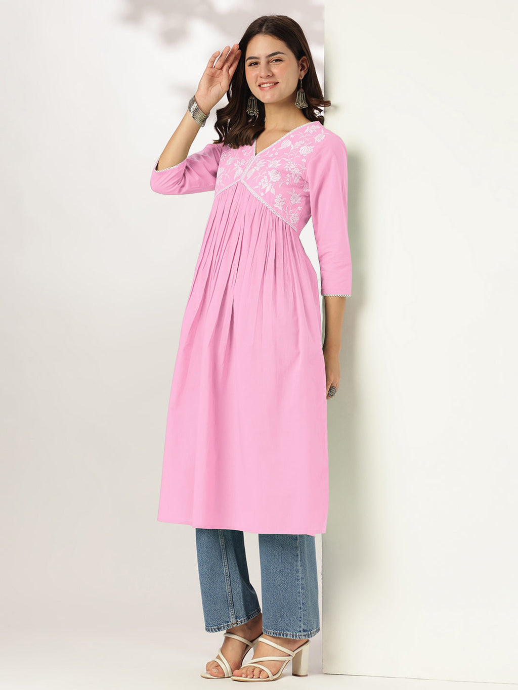 Janasya Light Cotton Yoke Embroidery A-Line Kurta - Distacart