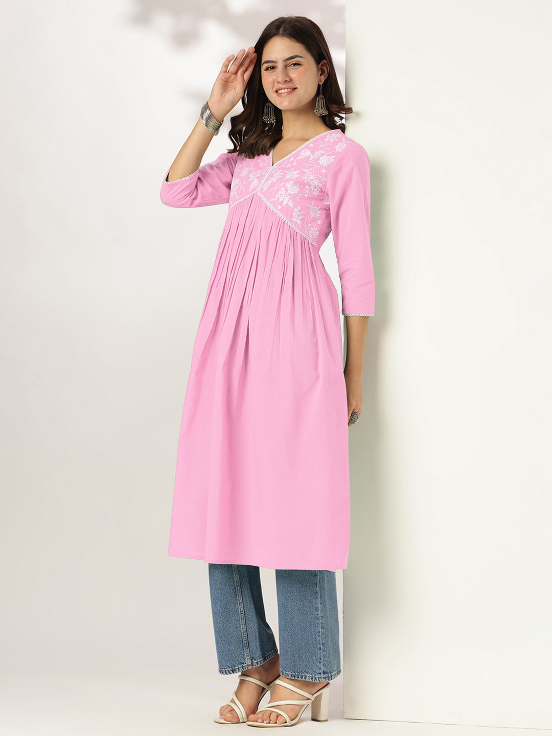 Janasya Light Cotton Yoke Embroidery A-Line Kurta - Distacart