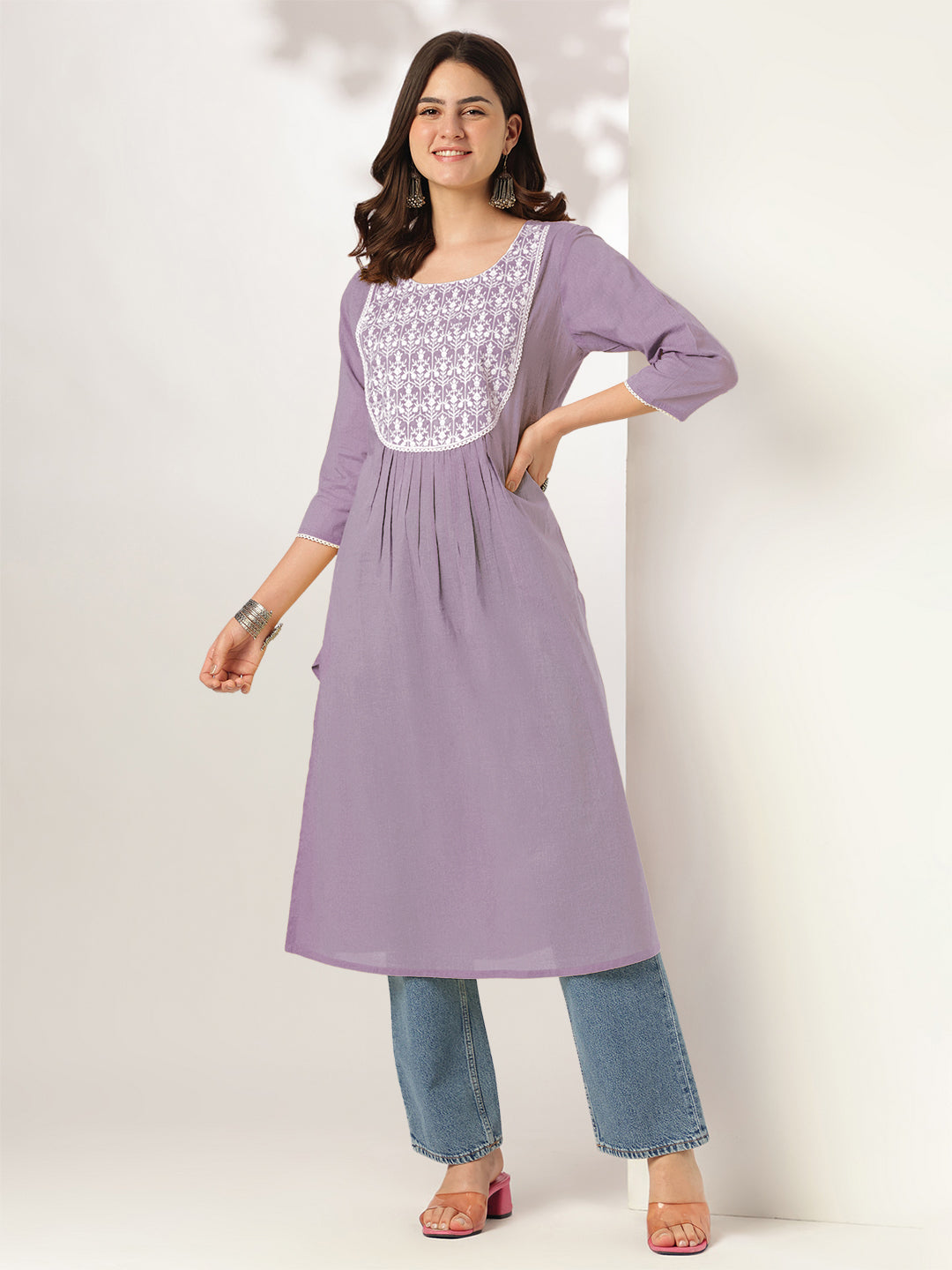 Janasya Light Cotton Yoke Embroidery Straight Kurta - Distacart