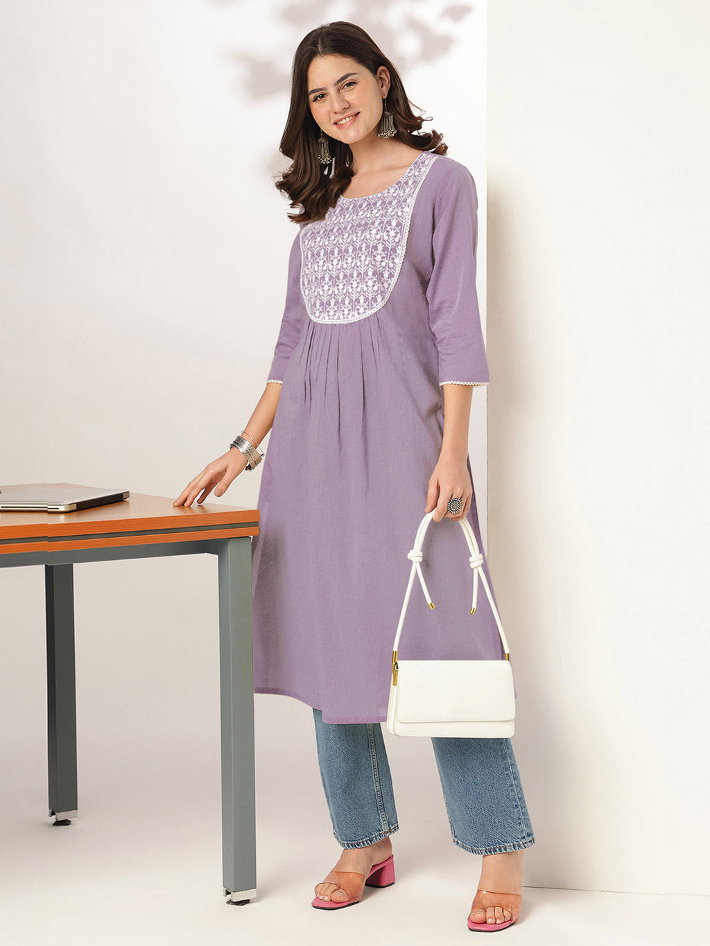 Janasya Light Cotton Yoke Embroidery Straight Kurta - Distacart