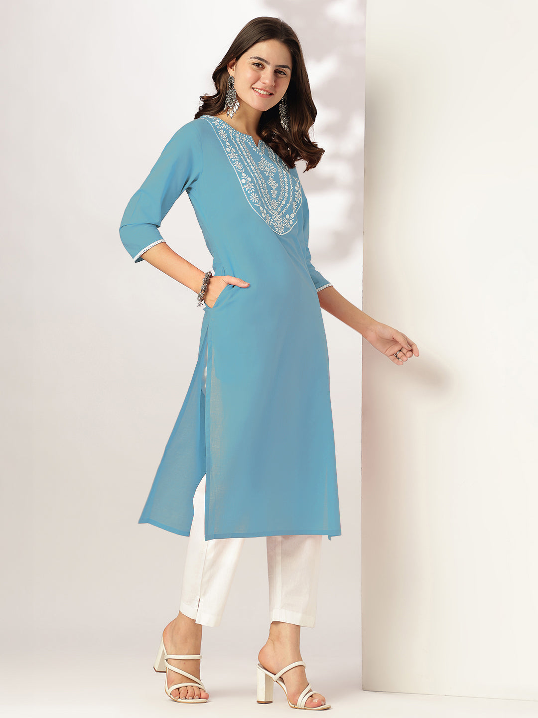 Janasya Light Cotton Yoke Embroidery Straight Kurta - Distacart
