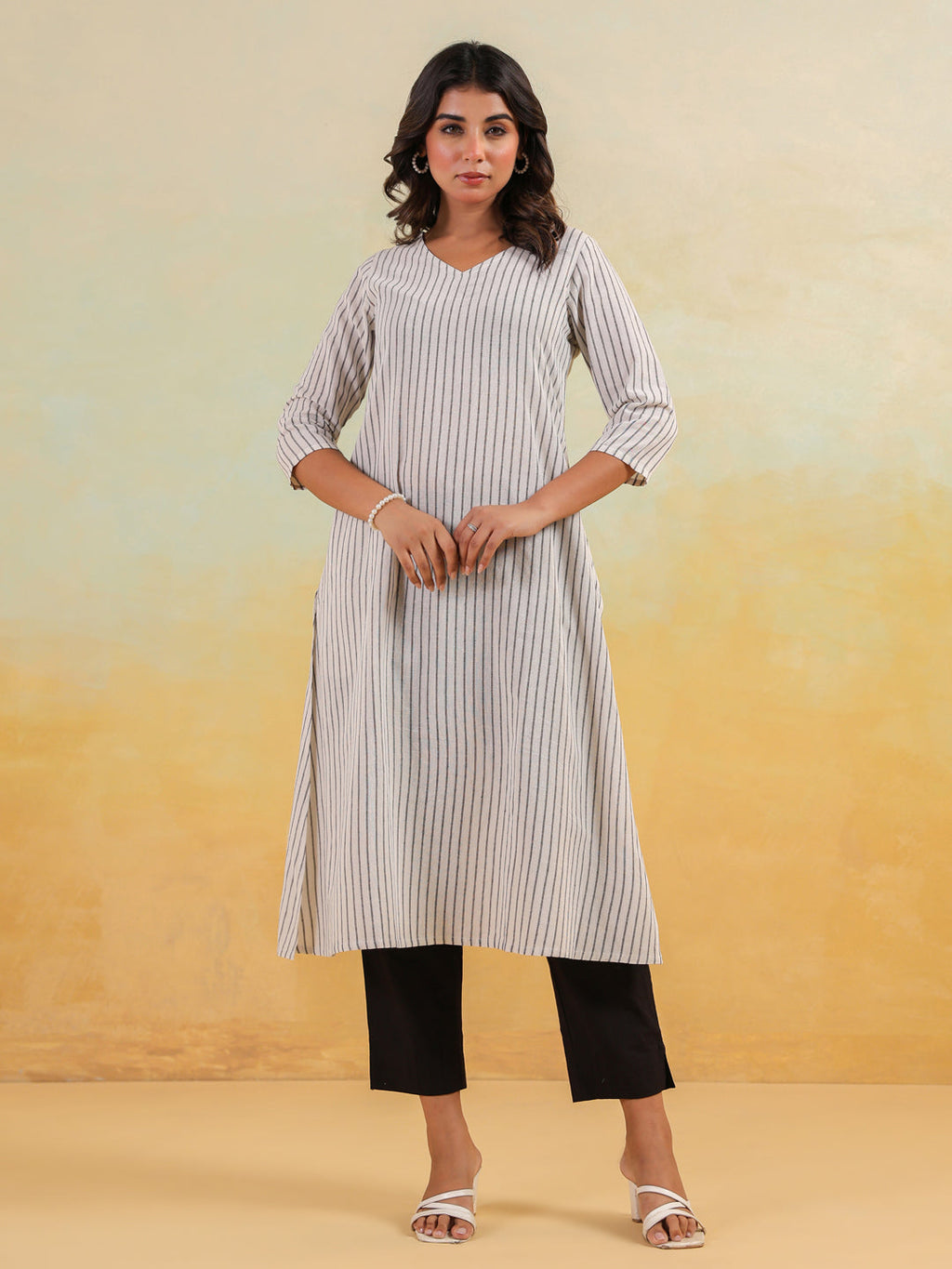 Janasya Light Cotton Striped Straight Kurta - Distacart